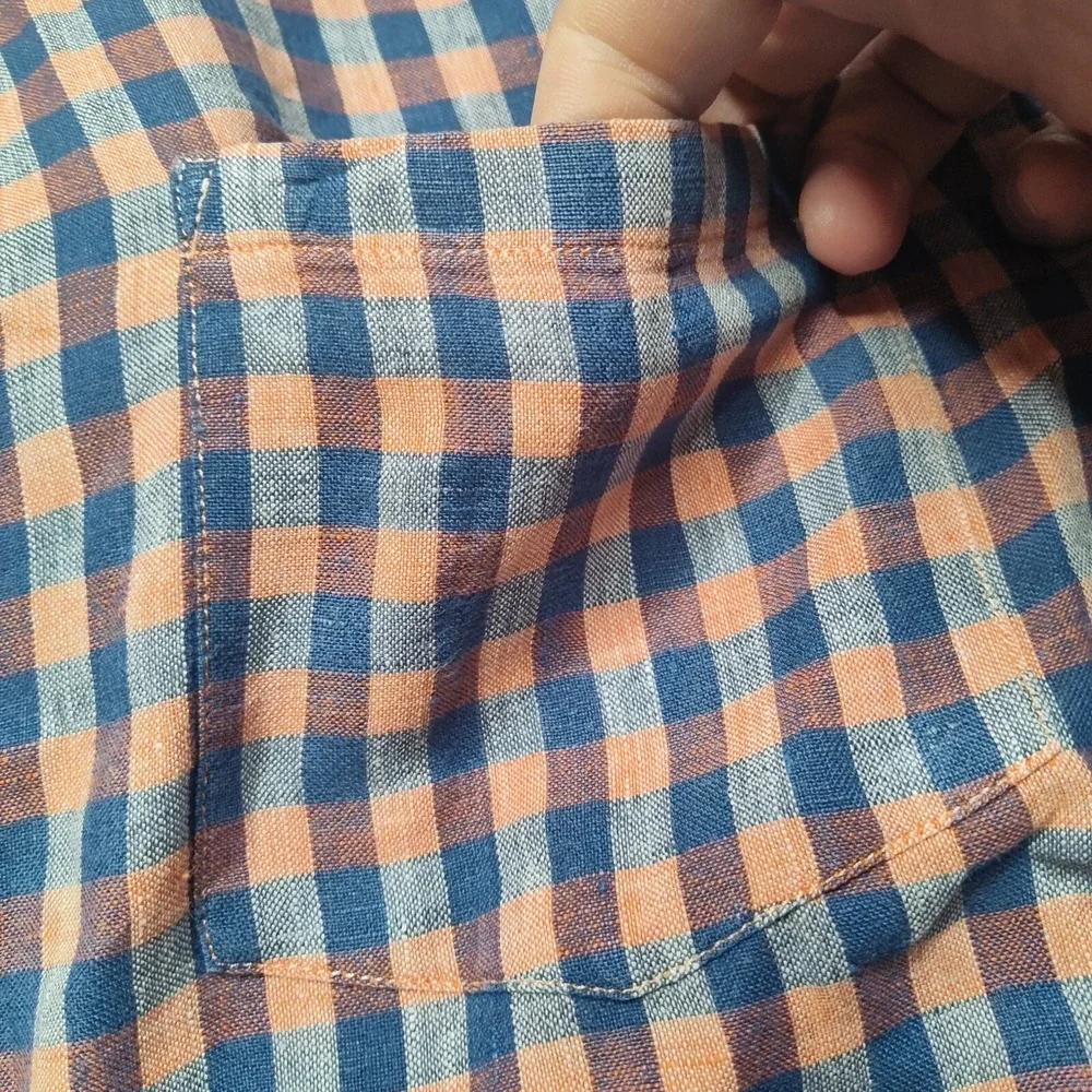 BANANA REPUBLIC CAMDEN FIT LINEN‎ Men Large Blue Orange Plaid Shirt EUC